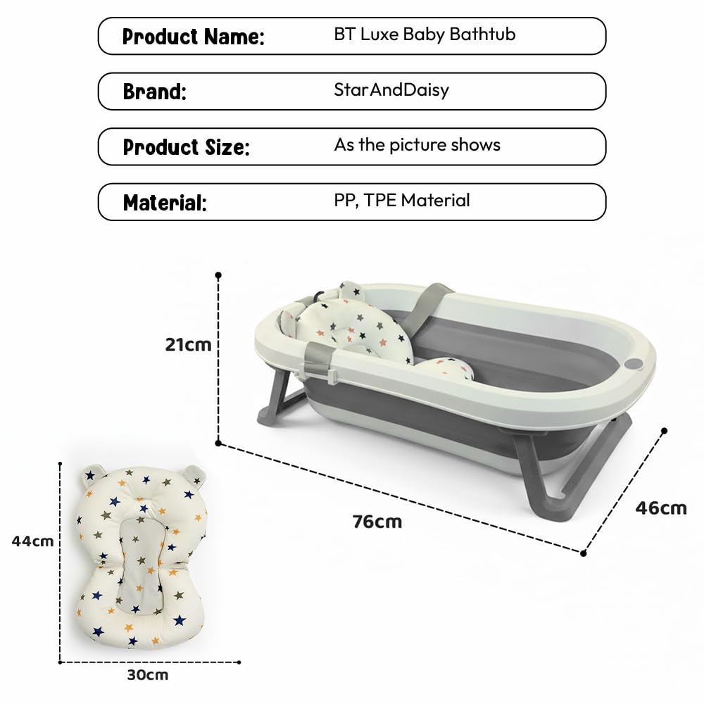 StarAndDaisy Bath Tub for Baby 0-5 Years/Foldable Bath tub for Kids with Cushion, Space Saving Design, Newborn Baby Folding Bathing Tub Girls & Boys, Easy to Store- Grey