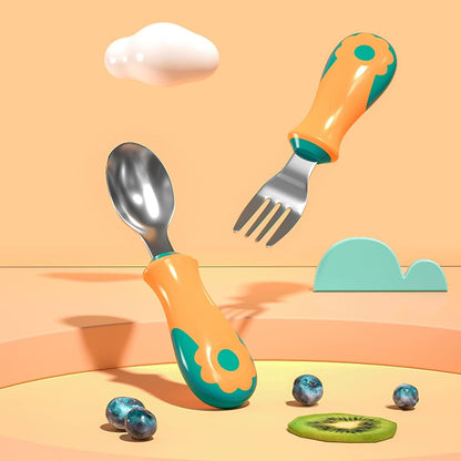 StarAndDaisy Baby Stainless Steel Spoon and Fork Set for Infants & Toddler – BPA-Free Toddler Cutlery, Safe Rounded Edges, Easy Grip Baby Utensils for Self Feeding & Weaning -Orannge & Green