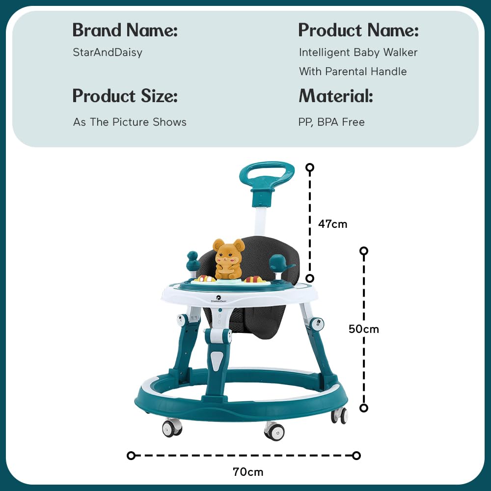 StarAndDaisy 360° Baby Walker 6-24 Months / 7 Level Height Adjustment Walker for Kids Boy and Girl with Intergrated RGB Lights, Switchable Food & Musical Toy Tray/Premium Baby Activity Walker with Parent Rod-Blue