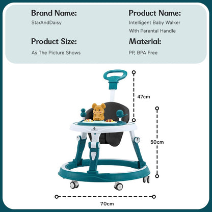 StarAndDaisy 360° Baby Walker 6-24 Months / 7 Level Height Adjustment Walker for Kids Boy and Girl with Intergrated RGB Lights, Switchable Food & Musical Toy Tray/Premium Baby Activity Walker with Parent Rod-Blue