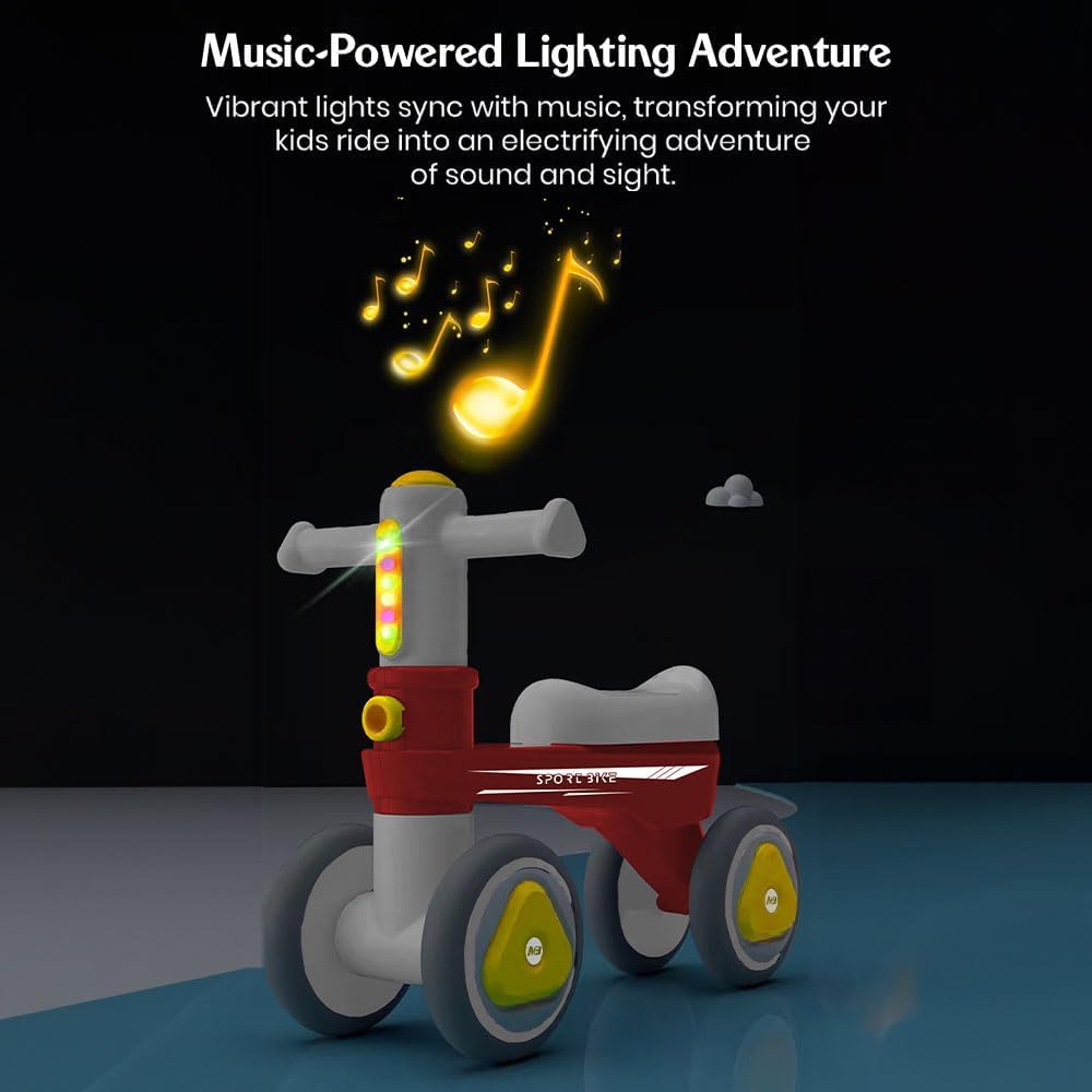 StarAndDaisy Balance Bike/Push Ride on for Kids/Toddler with 4 Smooth Wheels, Music & Lights/Mini Bike for Kids (Red)