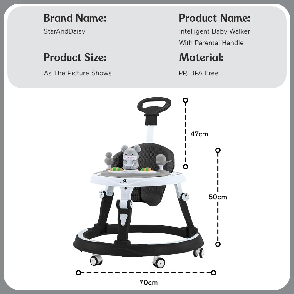 StarAndDaisy 360° Baby Walker 6-24 Months / 7 Level Height Adjustment Walker for Kids Boy and Girl with Intergrated RGB Lights, Switchable Food & Musical Toy Tray/Premium Baby Activity Walker with Parent Rod-Black