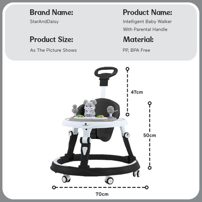 StarAndDaisy 360° Baby Walker 6-24 Months / 7 Level Height Adjustment Walker for Kids Boy and Girl with Intergrated RGB Lights, Switchable Food & Musical Toy Tray/Premium Baby Activity Walker with Parent Rod-Black