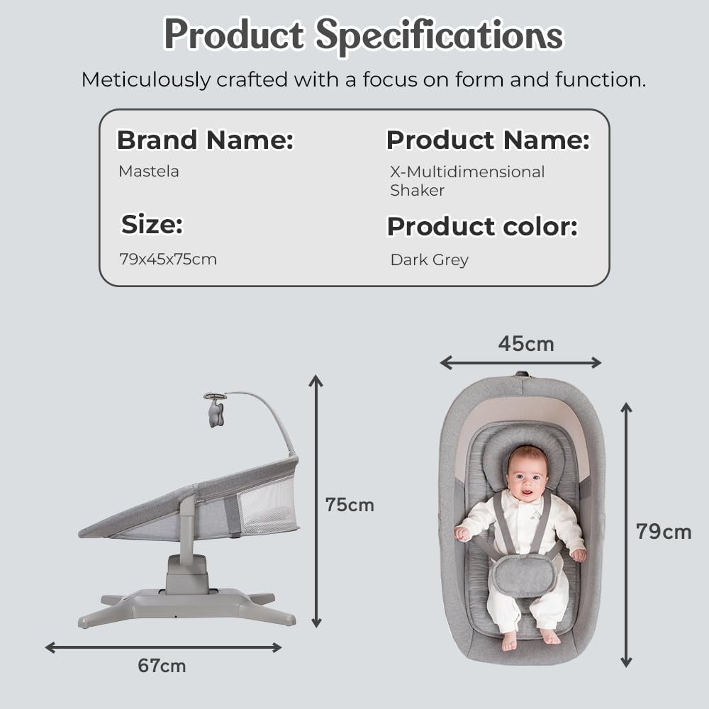 StarAndDaisy X Mastela Baby Electric Cradle/Crib for Infant, Toddler with 7 Swing Modes, Music, Backrest Adjustment, Hanging Toys & Touch Panel - Dark Grey