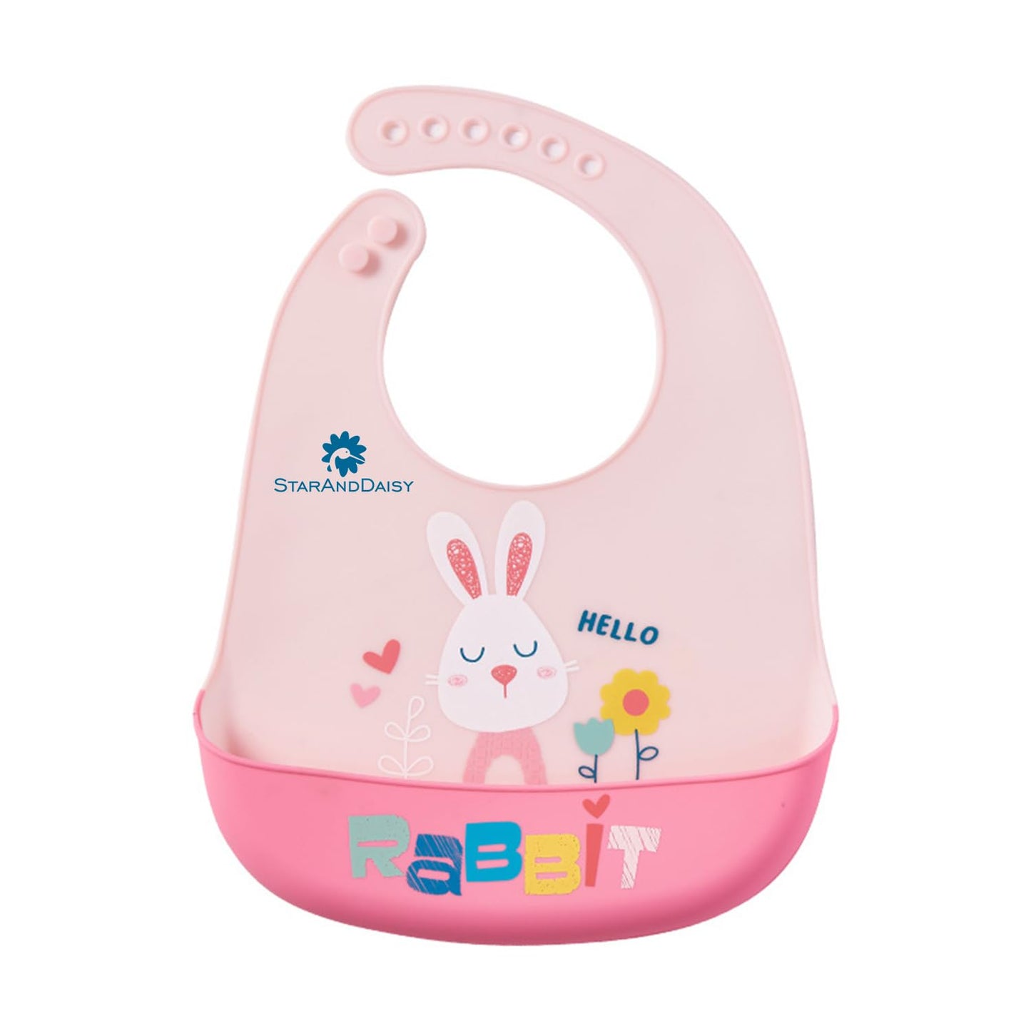 StarAndDaisy Reusable Silicone Bib for Baby with Adjustable Buttons for Mess-Free Feeding, Weaning, and Easy Cleaning and Waterproof. (Printed-Rabbit-Pink)