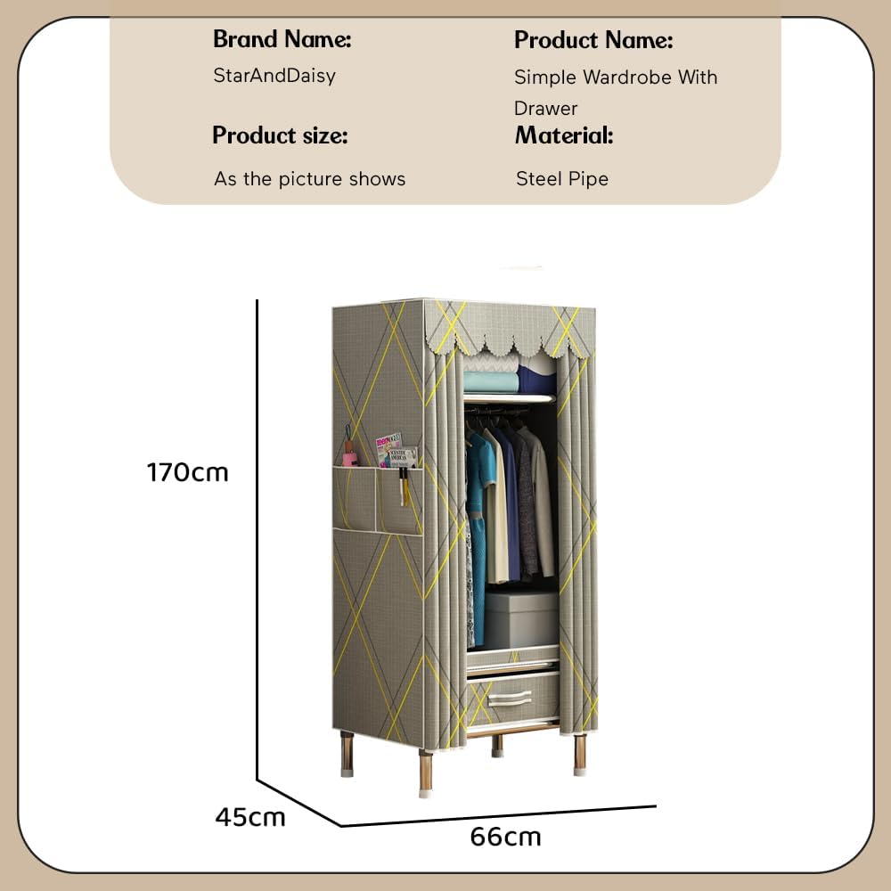 StarAndDaisy Breathable Fabric, Alloy Steel Kids Foldable Wardrobe with Cover & Drawers Almirah for Clothes, Shoes & Accessories/Space-Saving Closet with Side Pockets & Hanging Rod -Rhombus, Grey