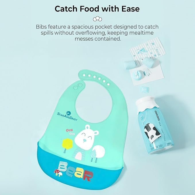StarAndDaisy Reusable Silicone Bib for Baby with Adjustable Buttons for Mess-Free Feeding, Weaning, and Easy Cleaning and Waterproof (Printed-Green Bear)