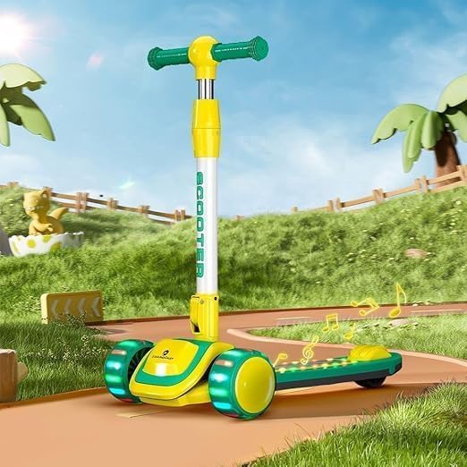 StarAndDaisy Kick Scooter for Kids 3-12 YearsBoys & Girls / 3 Wheel Scooter Boys & Girls with LED Light, PU Wheels/Skating Scooter 5 Level Adjustable Height and Easy to Fold - (Green-Yellow)