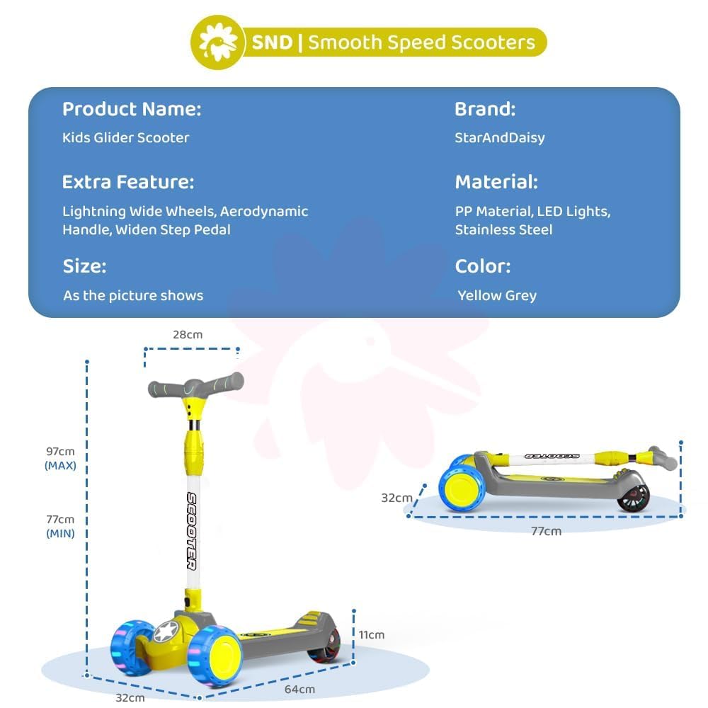 StarAndDaisy Kick Scooter for Kids 3-12 Boys & Girls / 3 Wheel Skating Scooter Boys & Girls with Pu Light Up LED Wheels/Skating Scooter 5 Level Adjustable Height and Easy to Fold (Grey-Yellow)