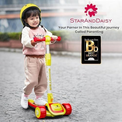 StarAndDaisy Kick Scooter 3 Wheel for 3-12 Boys & Girls/Scooter for Kids with Led Light, PU Wheels/Kids Scooter with 4 Level Height Adjustment, Up to 100 Kg Weight Support Chassis. Red-Yellow
