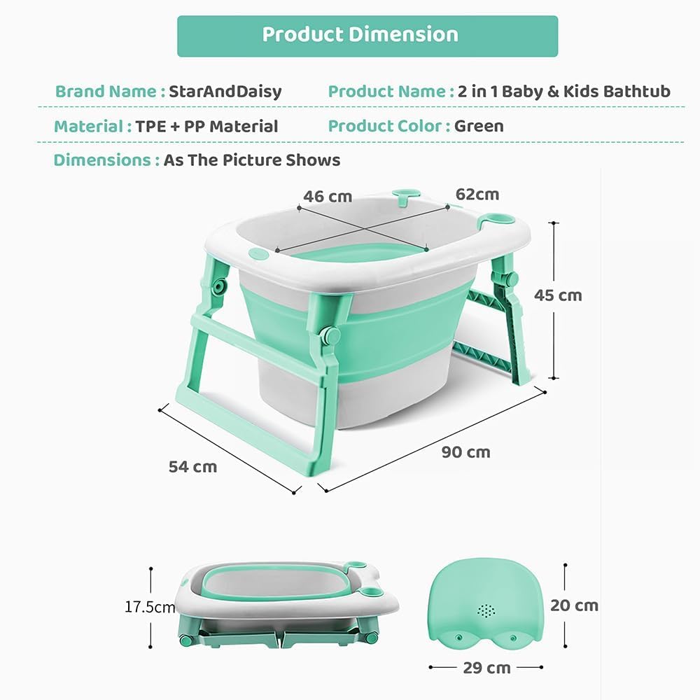 StarAndDaisy Baby Bath tub for Infant & Toddler 0 to 5 Years, 2-in-1 Bathub for Kids, Foldable tub with Cushion & Bathing Chair for Boys & Girls, Fast Drainage & Space Saving Design -Green