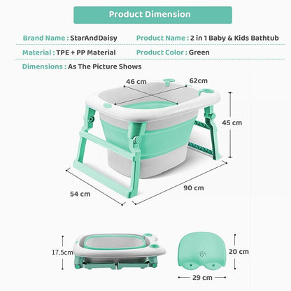 StarAndDaisy Baby Bath tub for Infant & Toddler 0 to 5 Years, 2-in-1 Bathub for Kids, Foldable tub with Cushion & Bathing Chair for Boys & Girls, Fast Drainage & Space Saving Design -Green