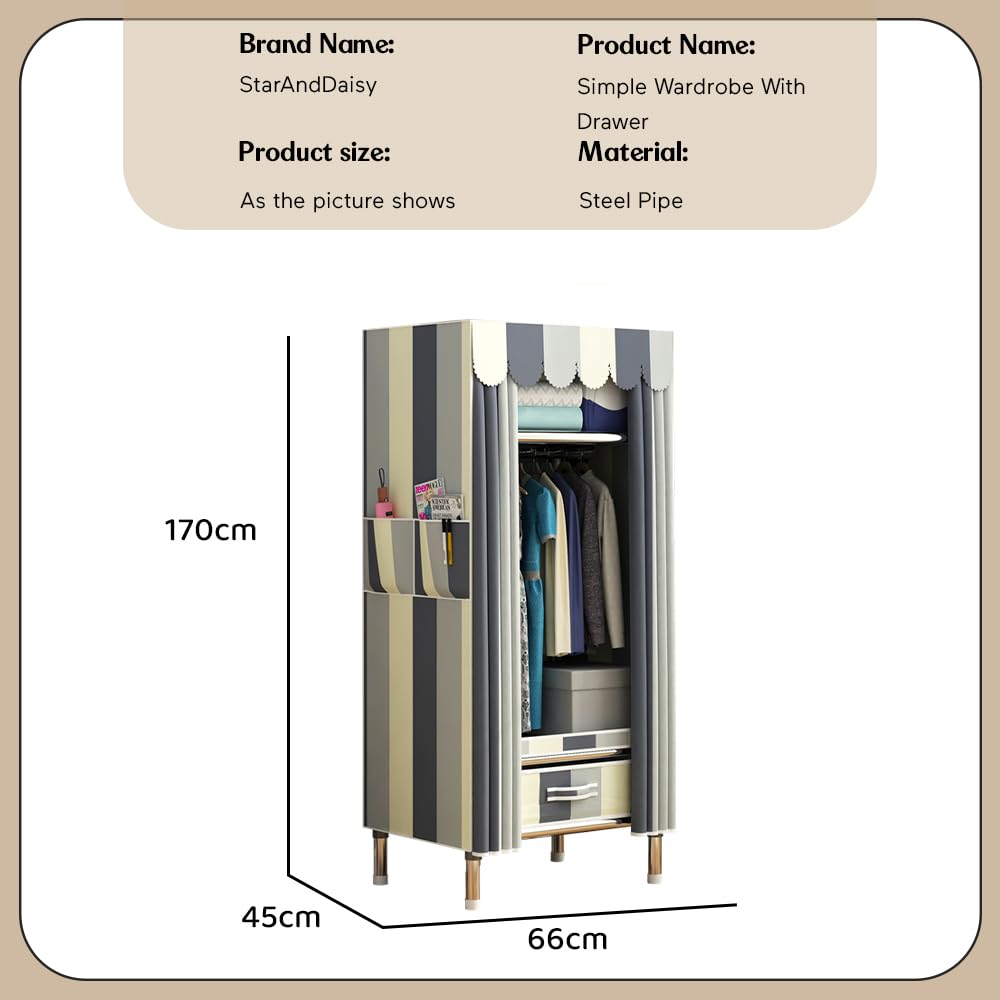 StarAndDaisy Breathable Fabric, Alloy Steel Kids FoldableWardrobe with Cover & Drawers Almirah for Clothes, Accessories/Space-Saving Closet with Side Pockets & Hanging Rod (Elegance), Multicolour