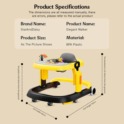 StarAndDaisy Elegant Baby Walker 6-18months / Walker for Kids Girl Boy with Anti Fall Brake Pads, 3 Speed Height Adjustment, Multi-Level Seat Adjustment, Recreational Music Toy Bar (Yellow Black)