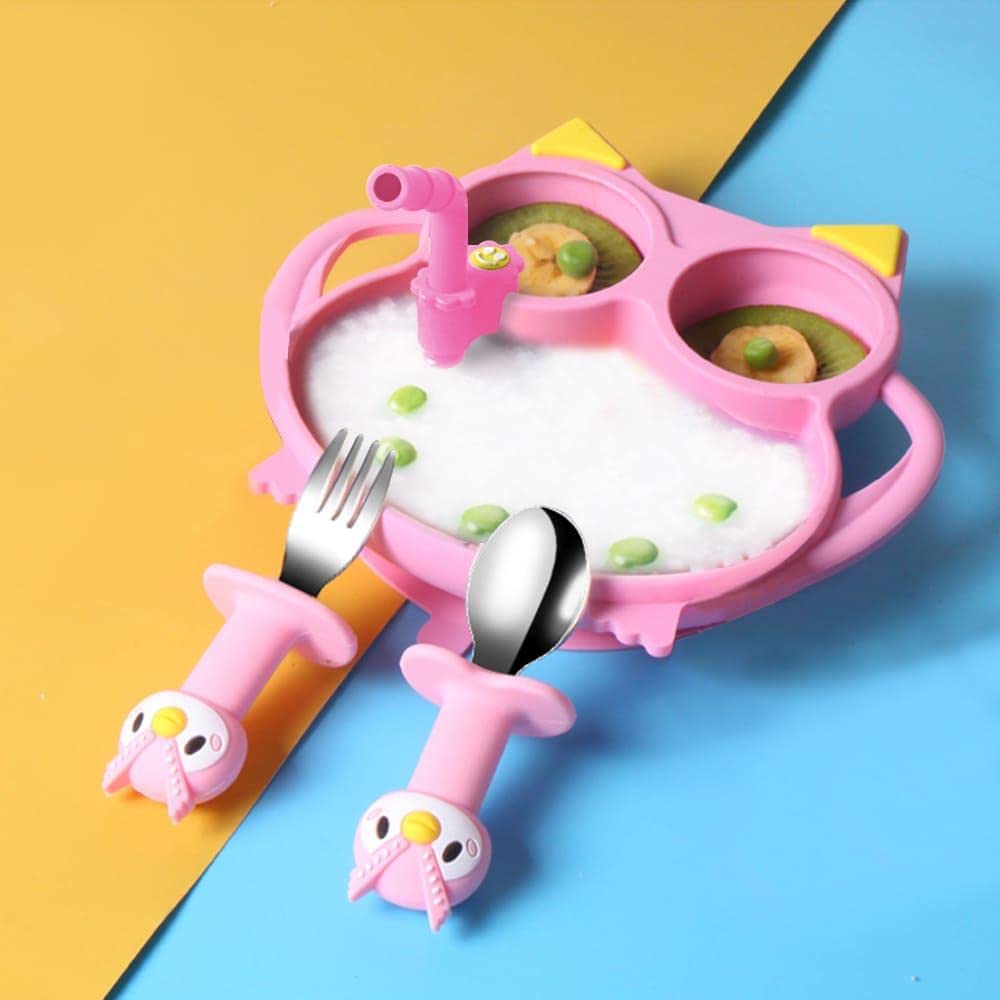 StarAndDaisy Baby Plates for Toddlers with Straw, Silicone Plates with Suction Divided Kids BPA Free Microwave Dishwasher Safe, Plates with Set of Spoons (Fine Ketty Pink)