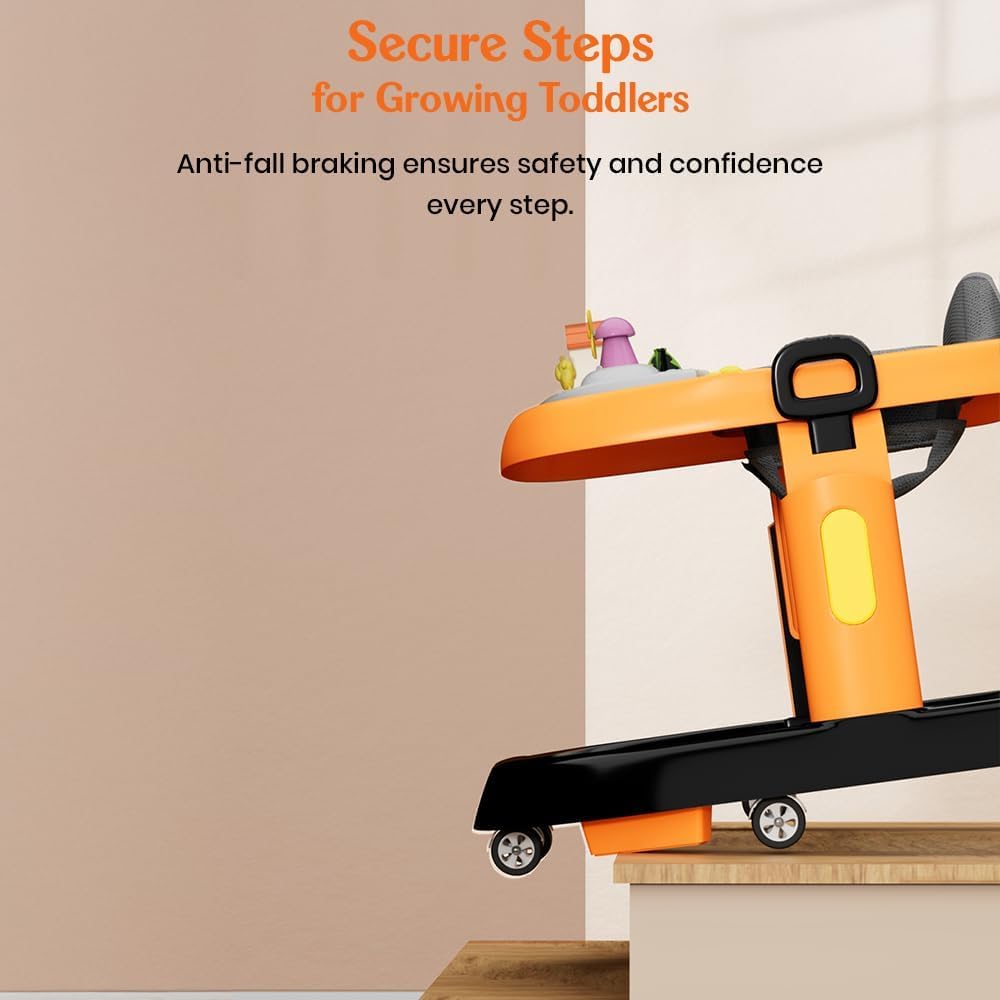 StarAndDaisy 6-18months Baby Walker With Anti Fall Brake Pads / Walker For Kids With 3 Speed Height Adjustment,Multi-Level Seat Adjustment,Recreational Music Toy (Elegant Walker Orange Black)