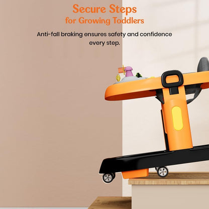 StarAndDaisy 6-18months Baby Walker With Anti Fall Brake Pads / Walker For Kids With 3 Speed Height Adjustment,Multi-Level Seat Adjustment,Recreational Music Toy (Elegant Walker Orange Black)