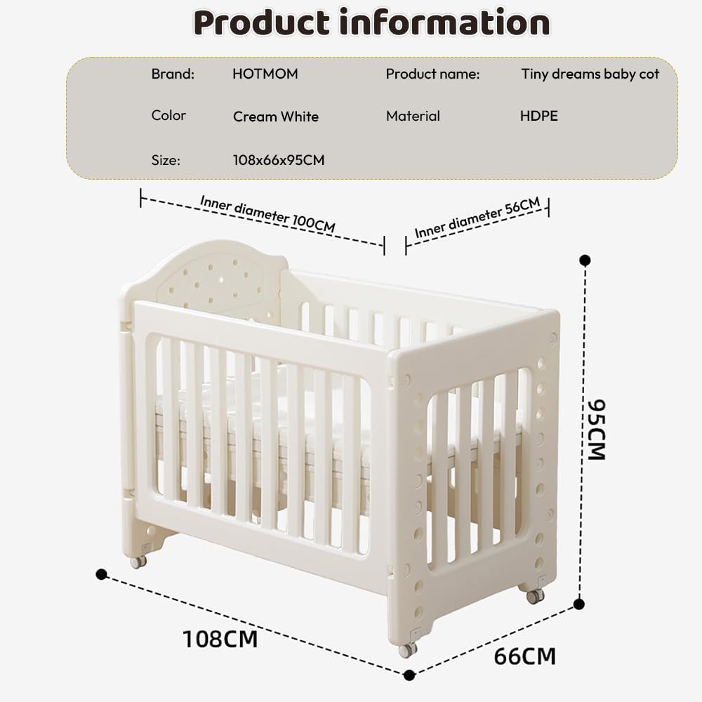 StarAndDaisy Baby Cot with Wheels / 100KG Heavy Duty PP Baby Crib/Waterproof & Termite Resistant/BPA-Free Newborn Baby Bed/Portable Infant Sleeping Cot -White (Tiny Dreams-White)