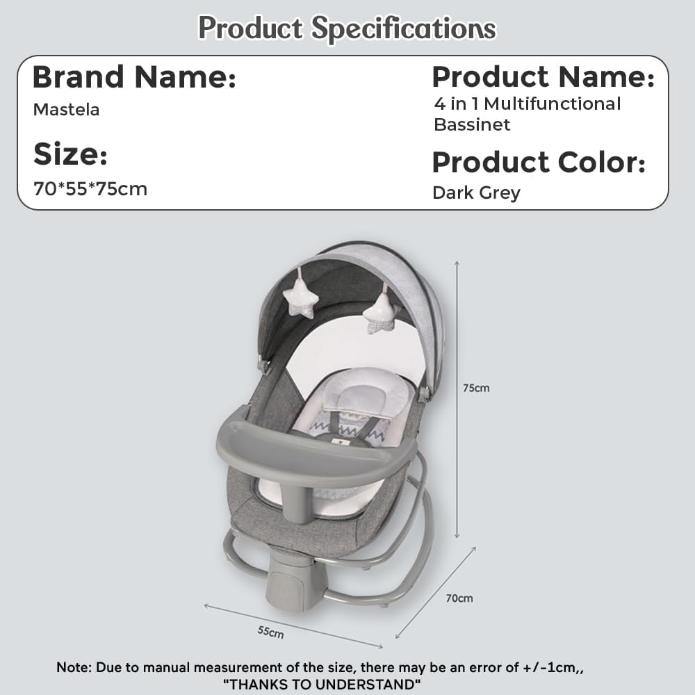 StarAndDaisy X Mastela 4 in 1 Swing Rocker Automatic for Newborn Baby 0 to 18 Month Girl & Boy with 4- Swing Modes, Detachable Tray, Backrest Adjustment Bassinet, Bluetooth Playback (4 in 1-Dark Grey)
