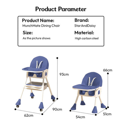 StarAndDaisy High Chair for Baby 6 Months to 5 Years/Adjustable Height Feeding Chair with 4 Reclining Seat Positions, Double Food Tray, Foldable Design & Wheels/High Chair for Baby (Blue)