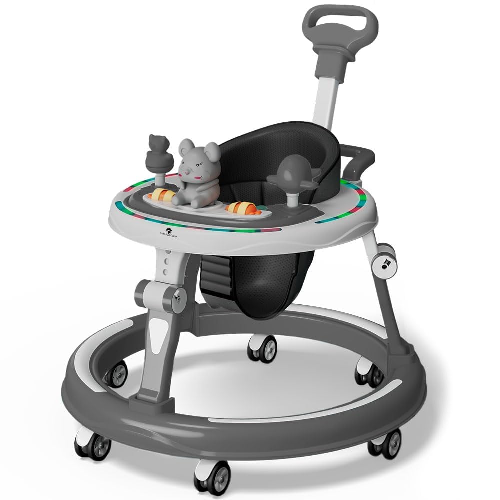 StarAndDaisy 360° Baby Walker 6-24 Months / 7 Level Height Adjustment Walker for Kids Boy and Girl with Intergrated RGB Lights, Switchable Food & Musical Toy Tray/Premium Baby Activity Walker with Parent Rod-Grey