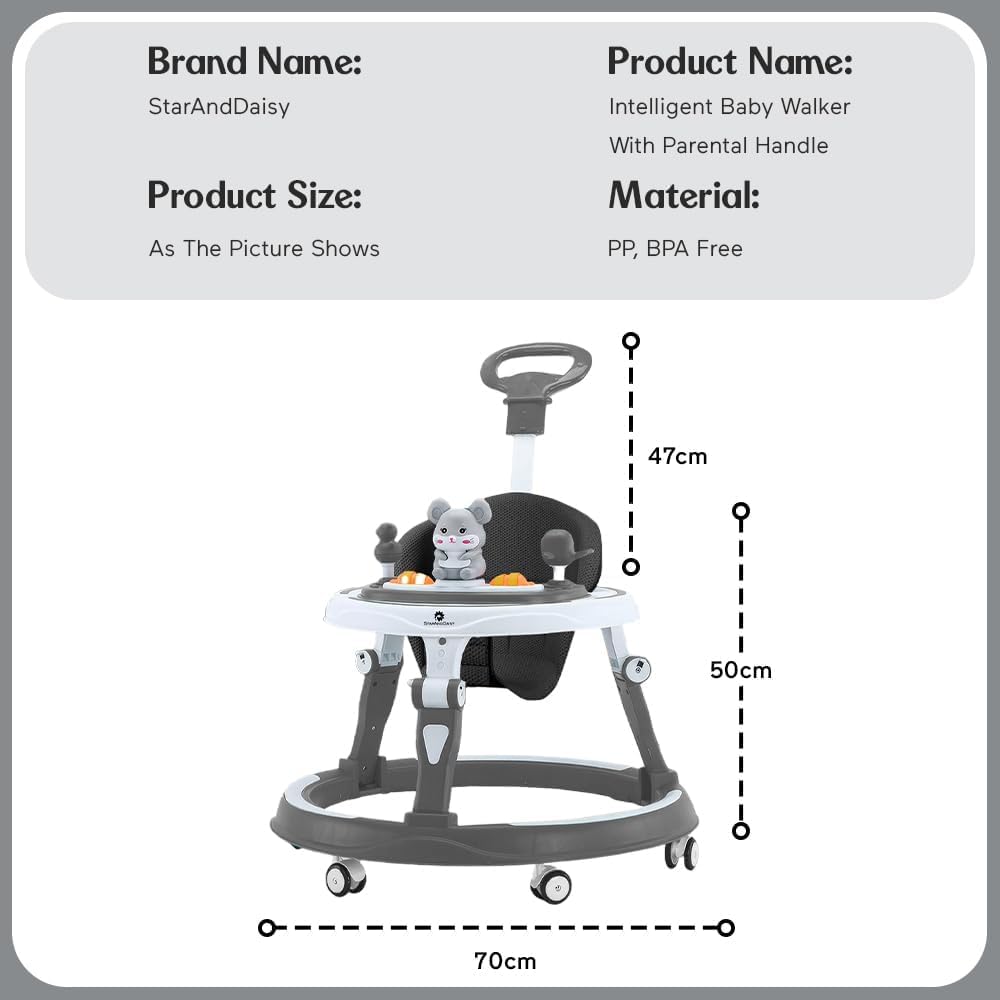 StarAndDaisy 360° Baby Walker 6-24 Months / 7 Level Height Adjustment Walker for Kids Boy and Girl with Intergrated RGB Lights, Switchable Food & Musical Toy Tray/Premium Baby Activity Walker with Parent Rod-Grey
