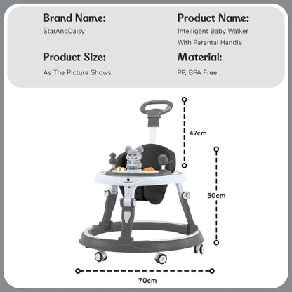 StarAndDaisy 360° Baby Walker 6-24 Months / 7 Level Height Adjustment Walker for Kids Boy and Girl with Intergrated RGB Lights, Switchable Food & Musical Toy Tray/Premium Baby Activity Walker with Parent Rod-Grey