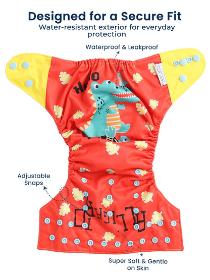 Polka Tots  Reusable & Washable Fleece Cloth Diapers with 1 Liner, Dinosaur Print