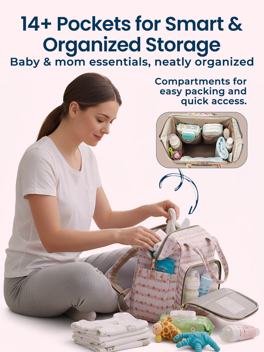 Polka Tots Stylish Multifunctional Rainbow Diaper Bag For Mothers Travel With Pouch  - Peach