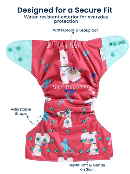 Polka Tots  Reusable & Washable Fleece Cloth Diapers with 1 Liner, Llama Print