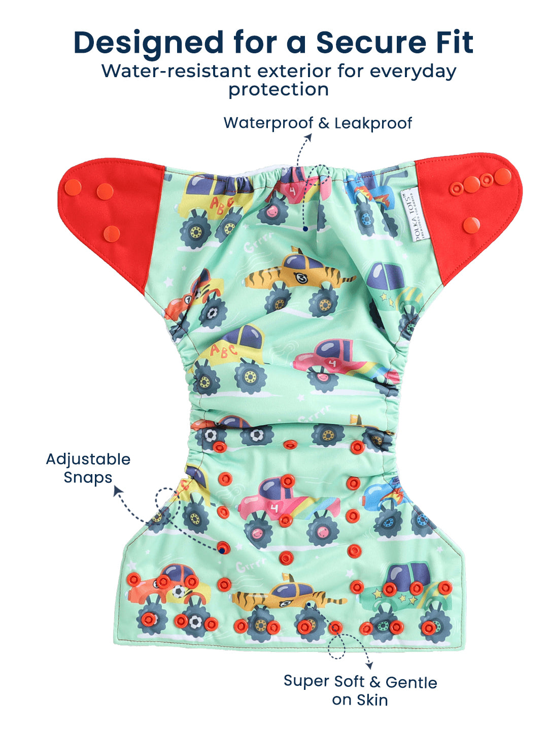 Polka Tots  Reusable & Washable Fleece Cloth Diapers with 1 Liner, Car Print