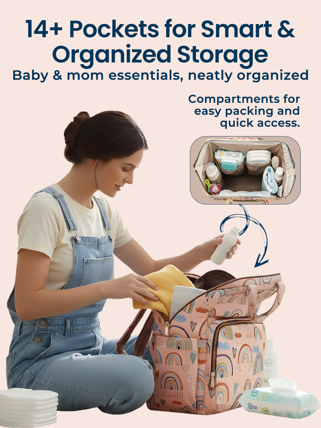 Polka Tots Stylish Multifunctional Rainbow Diaper Bag For Mothers Travel With Pouch - Pink