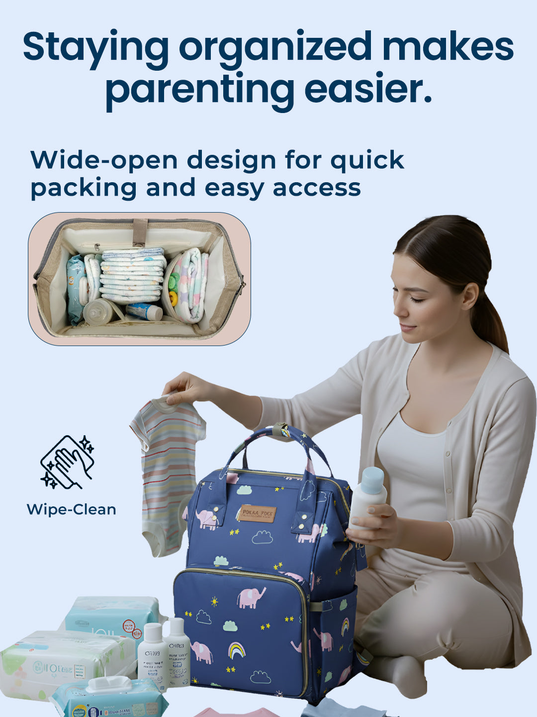 Polka Tots Diaper Bag Large Capacity With 17 Pockets For Moms & Dads- Blue