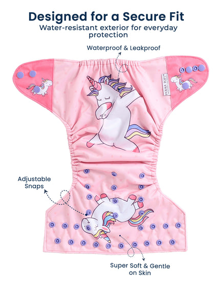 Polka Tots  Reusable & Washable Fleece Cloth Diapers with 1 Liner, Unicorn Print