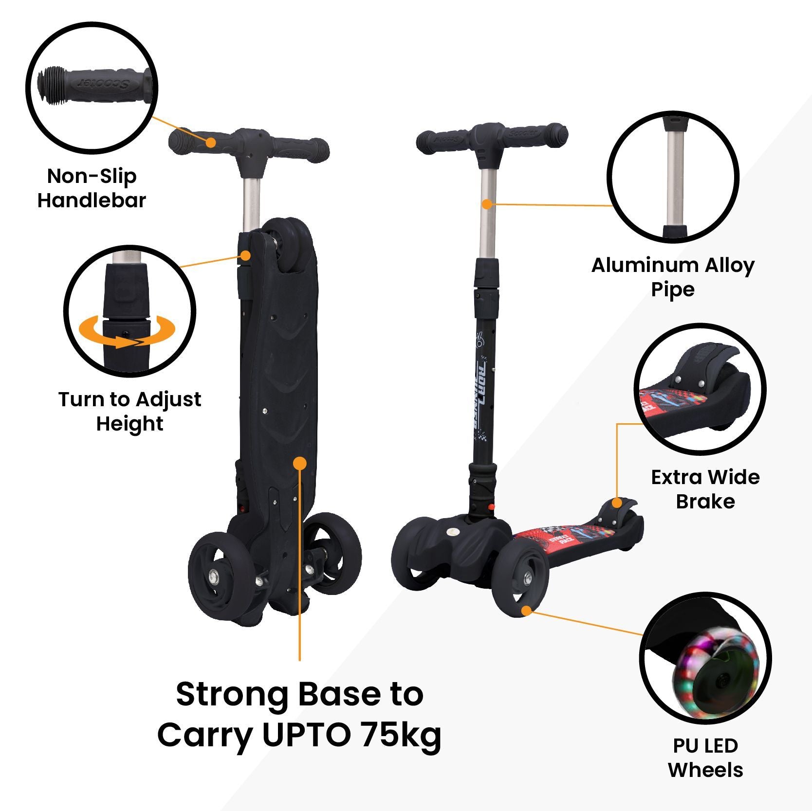 R for Rabbit Road Runner Scooter - PU LED Wheels, 4 Level Height Adjustment, Anti Slip Deck Black