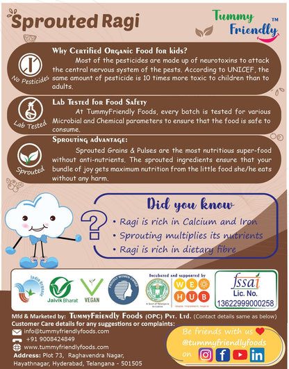 TummyFriendly Foods Organic Sprouted Ragi Porridge Mix , Rich in Calcium, 600g, (200g each pack)