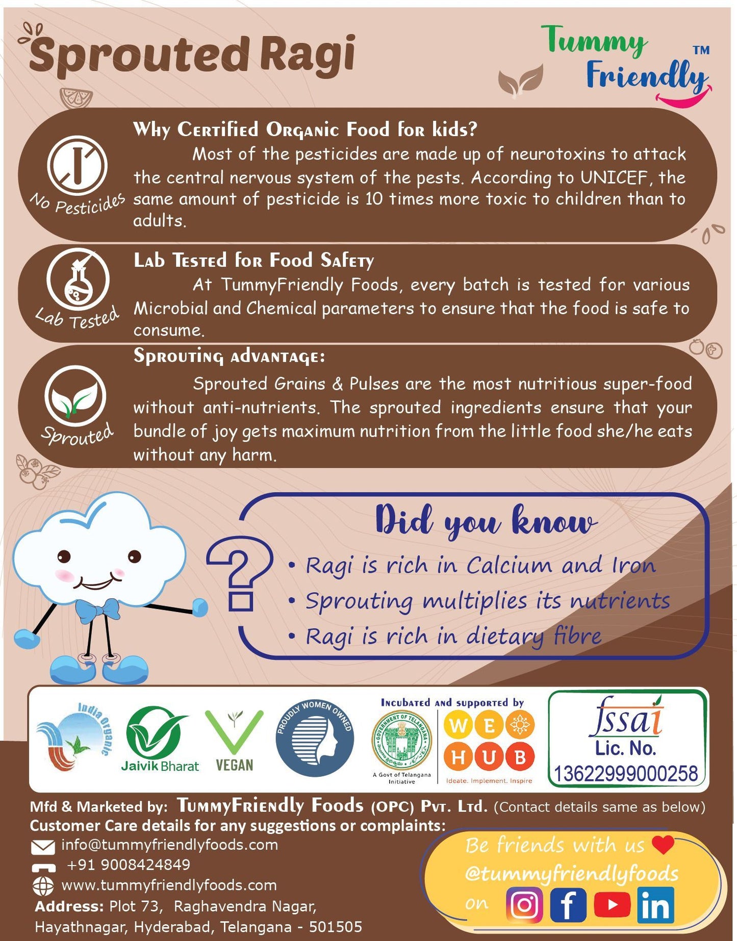 TummyFriendly Foods Organic Sprouted Ragi Porridge Mix , Rich in Calcium, 600g, (200g each pack)