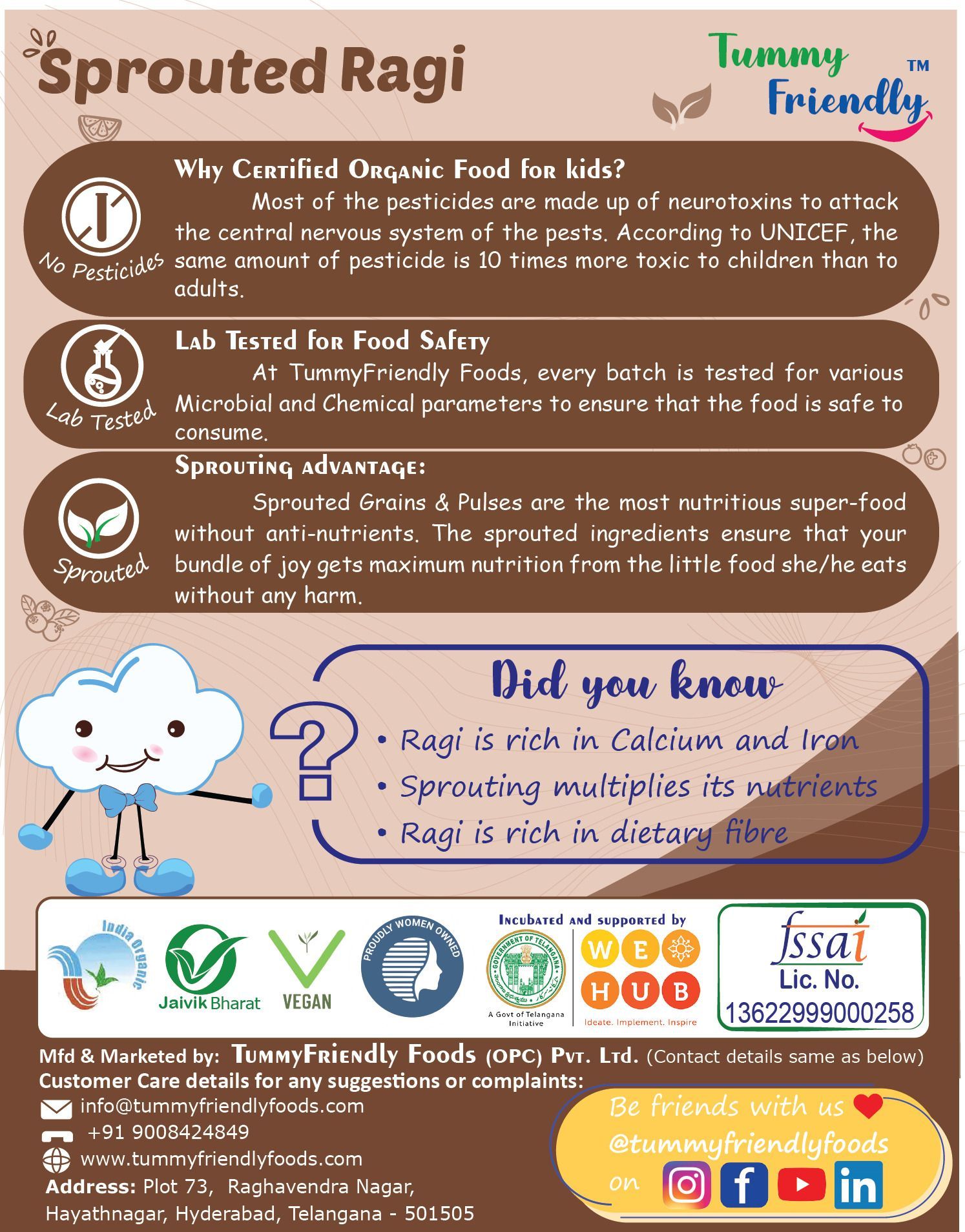 TummyFriendly Foods Organic Sprouted Ragi Porridge Mix , Rich in Calcium, 600g, (200g each pack)