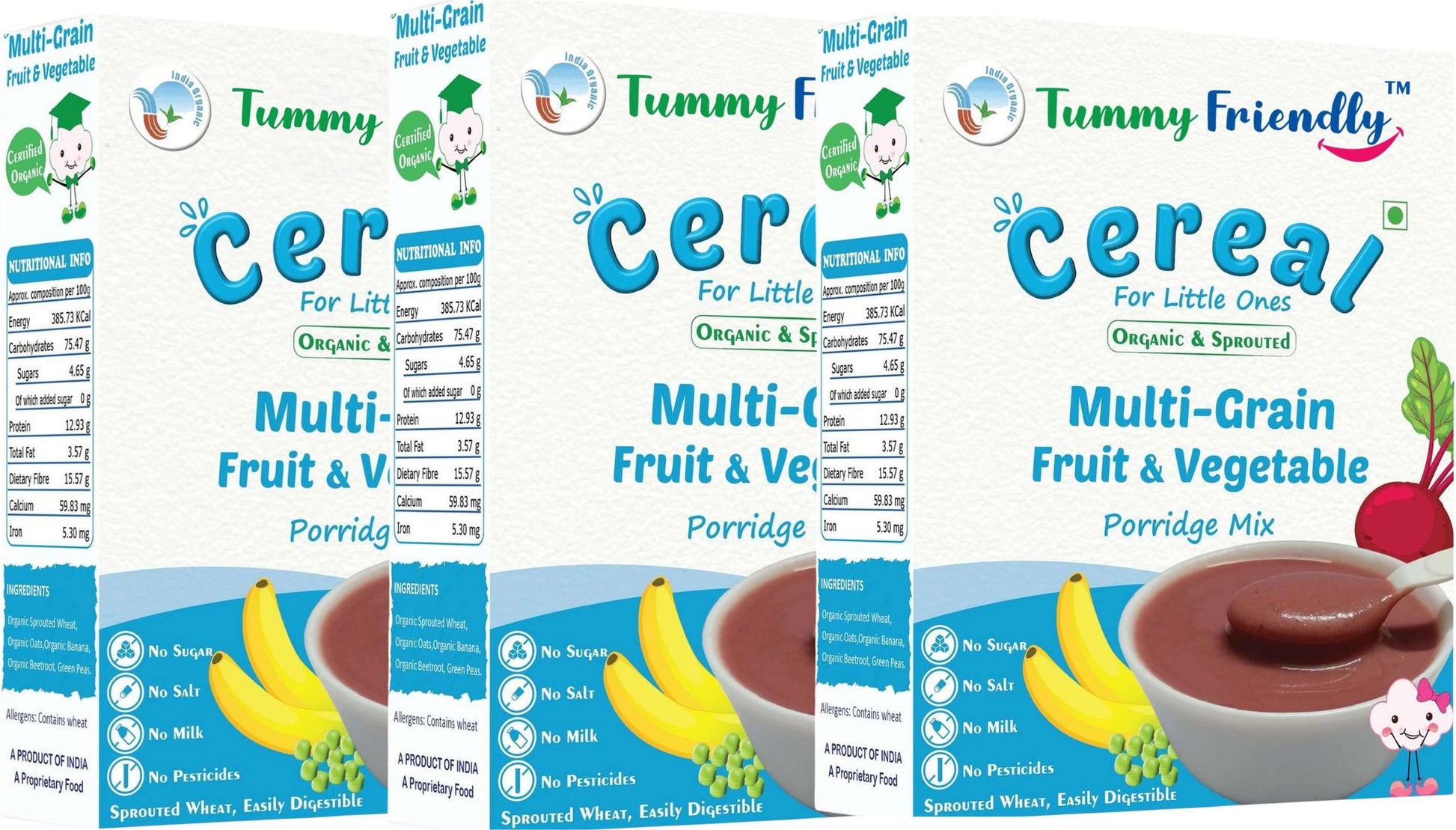 TummyFriendly Foods Organic Sprouted Multi Grain Fruit Vegetable Porridge Mix|600g (200g each pack)