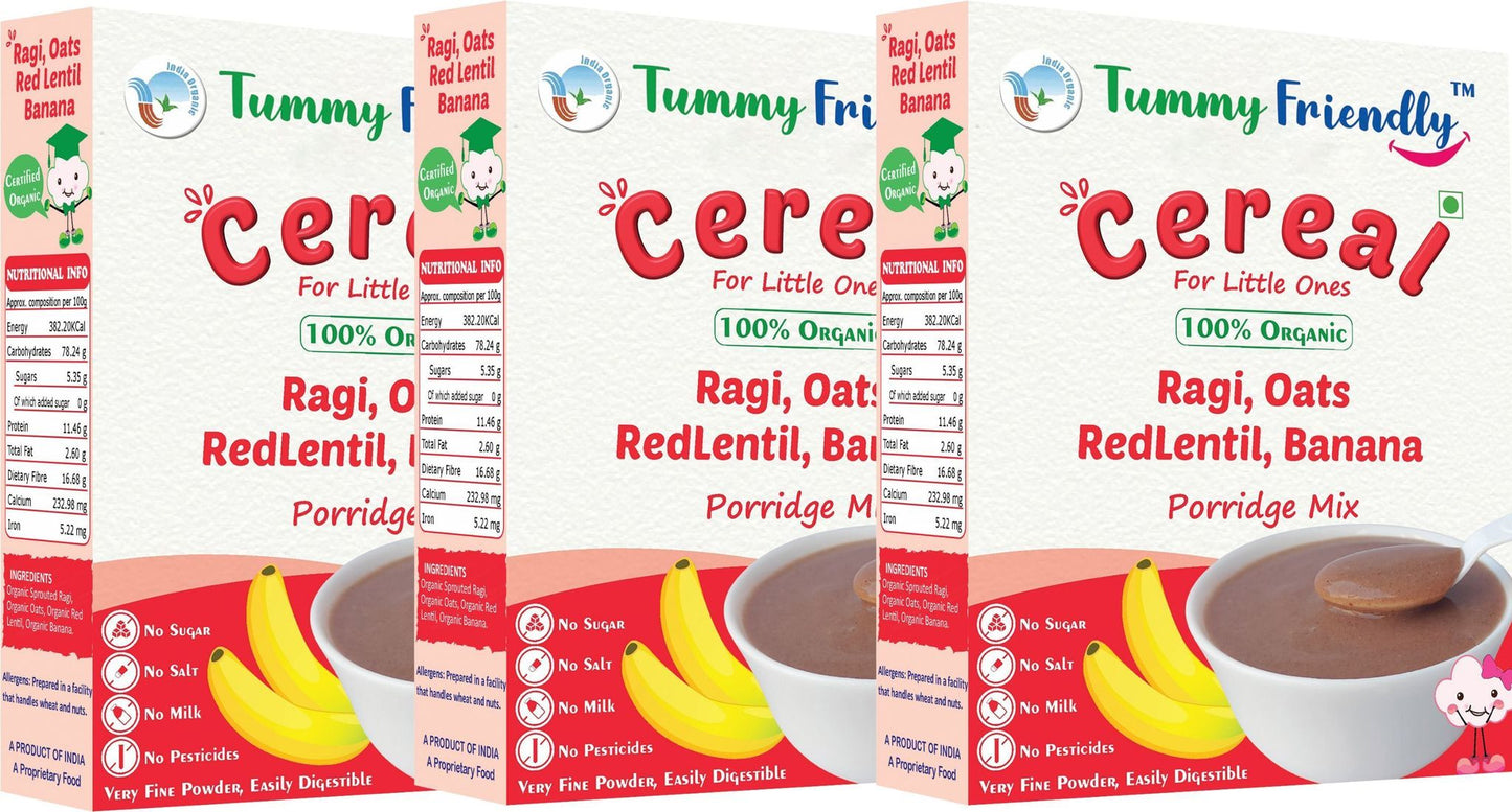 TummyFriendly Foods Organic Sprouted Ragi,Oats, Red Lentil, Banana Prdge Mix|600g,(200g each pack)