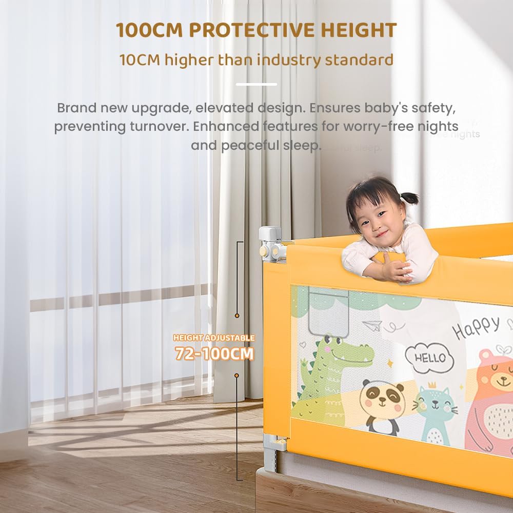 StarAndDaisy Bed Guard Rail for Baby/Kids Safety with T-Body Support Frame, Adjustable Height/Portable Single Side Bed Rail for Infant & Toddler's Safety (Printed Yellow-1.5 M)