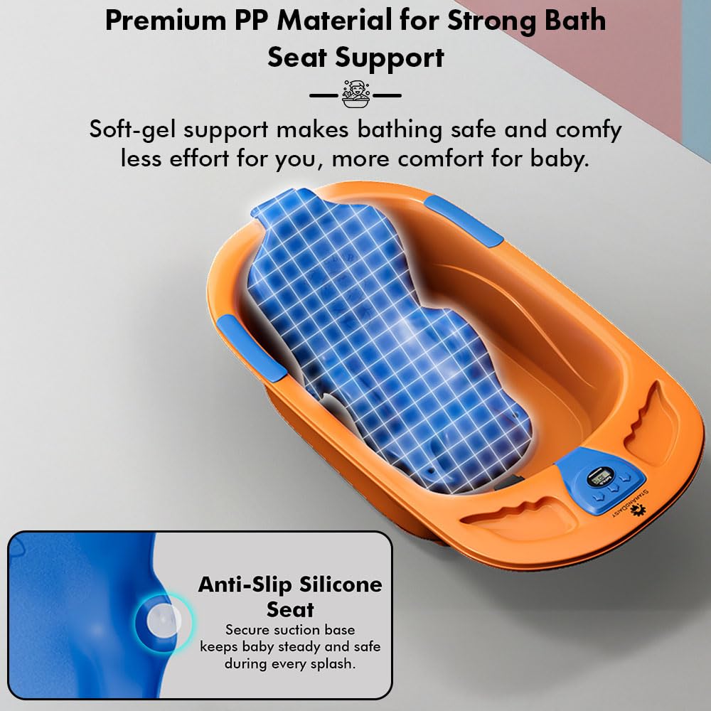 StarAndDaisy Baby Bath tub for 0 to 5 Years with Temperature Sensor/Bath Tub for Kids with Anti-Slip Legs/Bathtub for Baby with Baby Bather -Without Wheel(Orange-Blue)