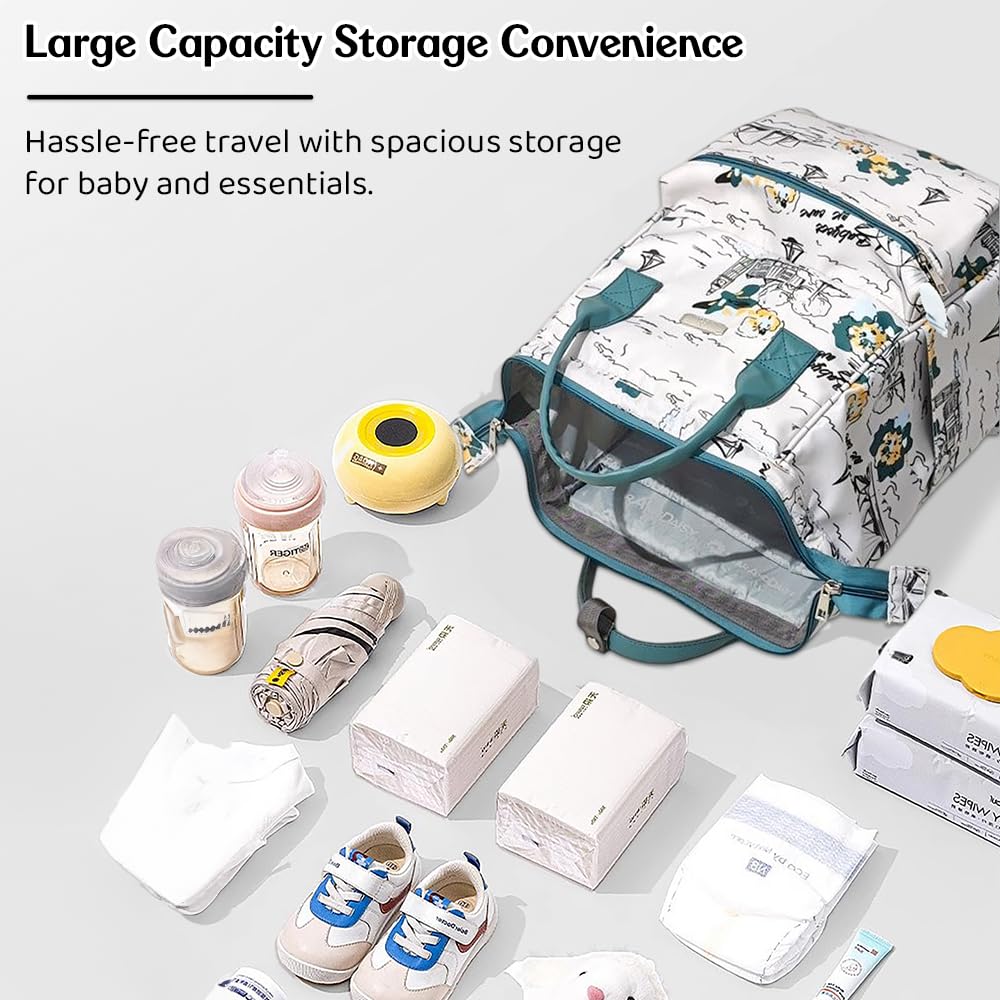 StarAndDaisy Baby Diaper Bag for Mother Travel/Diaper Bags for Mother for Travel with Laptop Pocket, Multi Compartments, Insulated Bottle Pockets, Waterproof, Ultra soft fabric - White Green