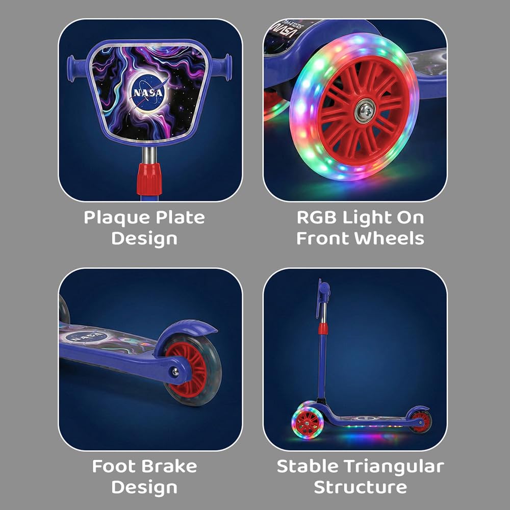 StarAndDaisy X NASA Kick Scooter for Kids 3+ Years, Foldable Skate Scooter for Children Girls & Boys with Multi-Level Height Adjustment, LED Wheels & Brakes -(Officially Licensed) (Red-Blue)