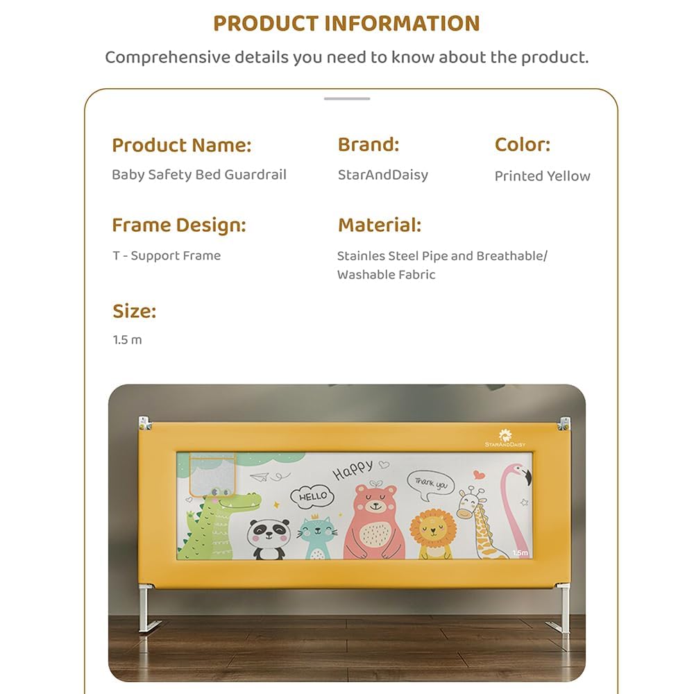 StarAndDaisy Bed Guard Rail for Baby/Kids Safety with T-Body Support Frame, Adjustable Height/Portable Single Side Bed Rail for Infant & Toddler's Safety (Printed Yellow-1.5 M)