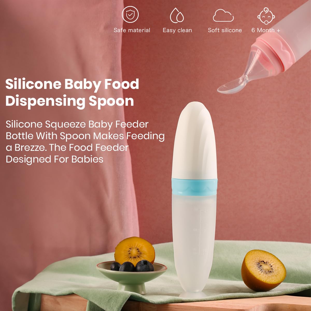 StarAndDaisy Squeeze Spoon +4 Month Baby, BPA Freen Premium Baby Food Feeder Squeeze Spoon with Leak Proof Sheet Cover, 90ML Bottle, Soft Silicone Tip- Pink
