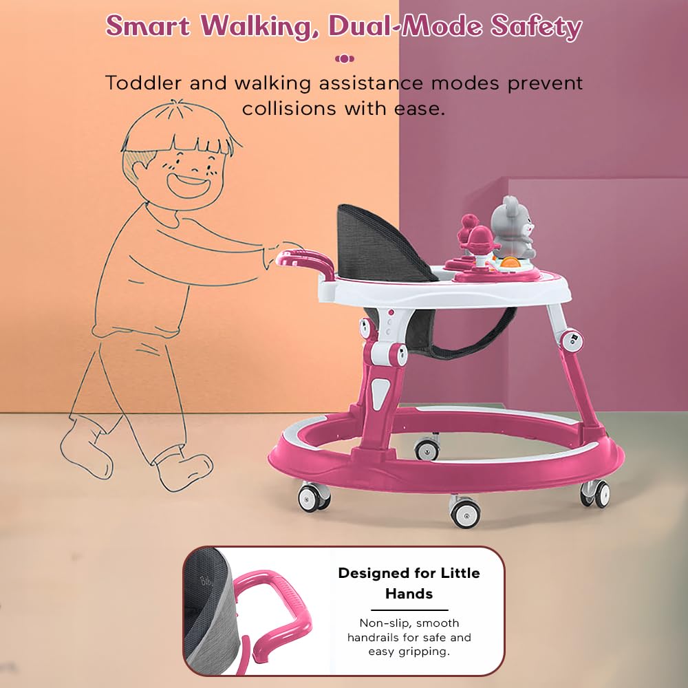 StarAndDaisy 360° Baby Walker 6-24 Months / 7 Level Height Adjustment Walker for Kids Boy and Girl with Intergrated RGB Lights, Switchable Food & Musical Toy Tray/Premium Baby Activity Walker with Parent Rod-Pink