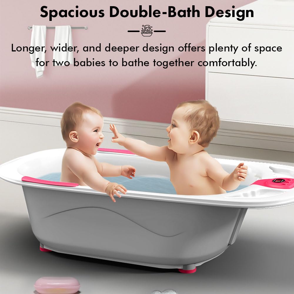 StarAndDaisy Baby Bath tub for 0 to 5 Years with Temperature Sensor/Bath Tub for Kids with Anti-Slip Legs/Bathtub for Baby with Baby Bather Without Wheel(White-Pink)