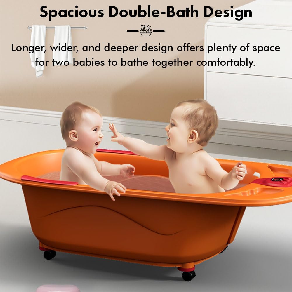 StarAndDaisy Baby Bath Tub for 0 to 5 Years/Bath Tub for Kids 0-3 Years/Infants Bathtub with Temperature Censor & Baby Bath Seat/Sling, Antislip Baby Bath Tub with Bath Chair (Orange & Red)