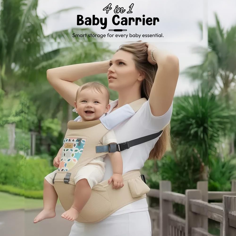 StarAndDaisy 4-in-1 Baby Carrier for 0 to 3 Year Baby/Kangaroo Bag with Comfortable Soft Hip Seat/Baby Carrier - 4 Carrying Positions with 2 Storage Pockets - Blue (4-in-1 Beige)
